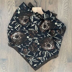 Lisa Corti Floral Abstract Printed 100% Silk Scarf Brown, Black, Cream 32.5"x34"